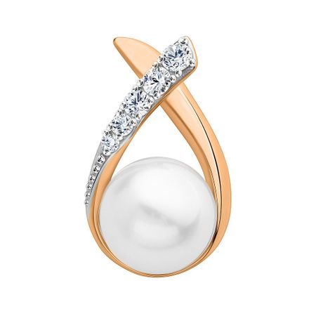 Золотая подвеска с жемчугом и фианитами с родированием