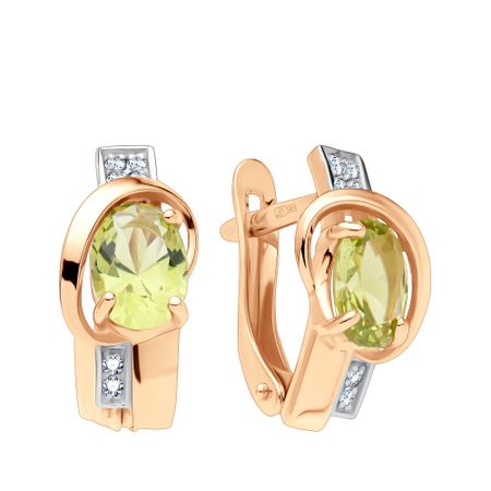 Золотые серьги с хризолитами и фианитами с родированием