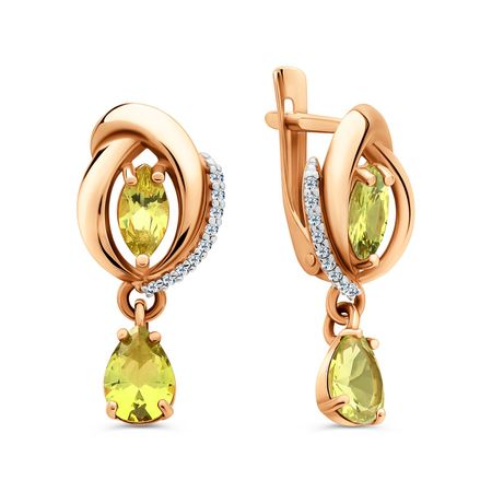 Золотые серьги с хризолитами и фианитами с родированием