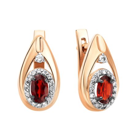 Золотые серьги с гранатом и бриллиантами с родированием