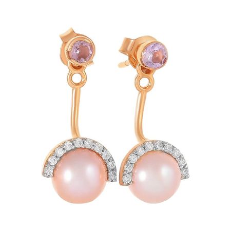 Золотые детские серьги с жемчугом и аметистами с фианитами