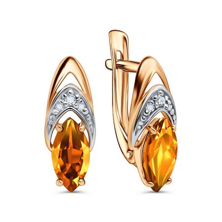 Золотые серьги с цитринами и фианитами с родированием