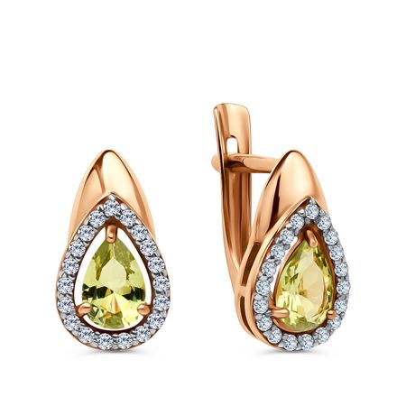 Золотые серьги с хризолитами и фианитами с родированием