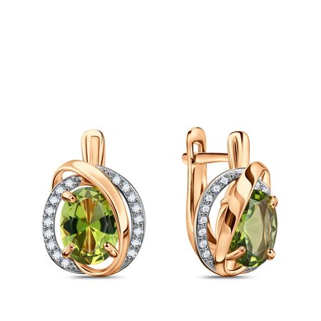 Золотые серьги с хризолитами и фианитами с родированием