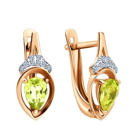 Золотые серьги с хризолитами и фианитами с родированием