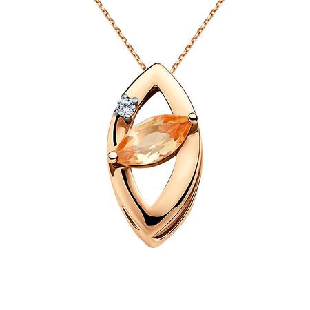 Золотая подвеска с цитрином и бриллиантом с родированием