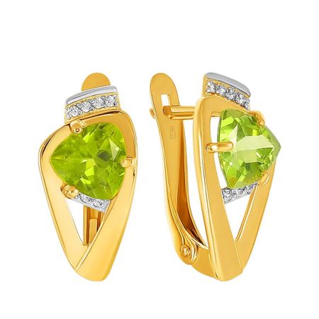 Золотые серьги c хризолитами и фианитами с родированием