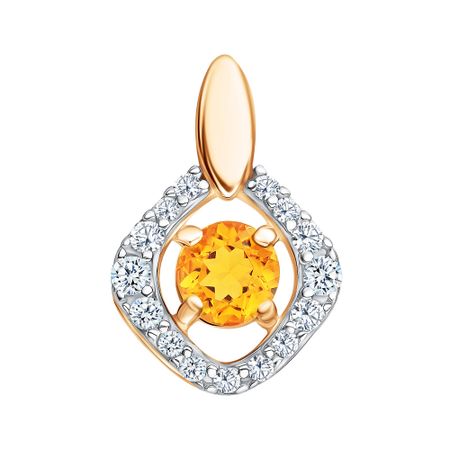 Золотая подвеска с цитрином и фианитами с родированием
