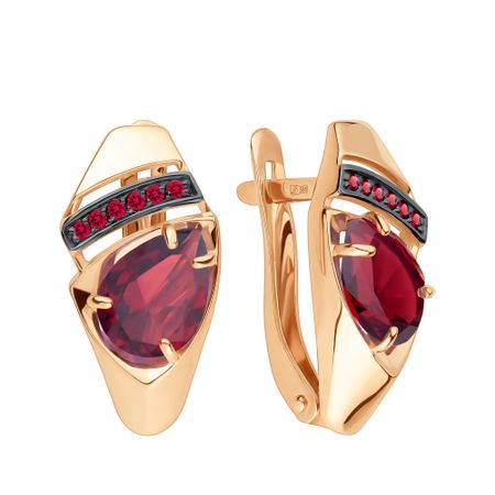 Золотые серьги с гранатом и фианитами с черным родированием