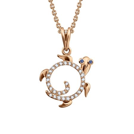 Золотая подвеска Черепаха с сапфирами и бриллиантами с родированием