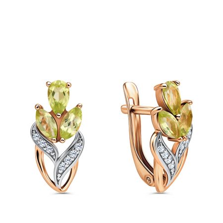 Золотые серьги с хризолитами и фианитами с родированием