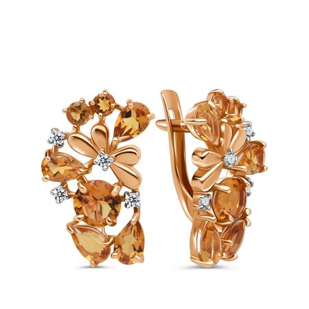Золотые серьги с цитринами и фианитами с родированием