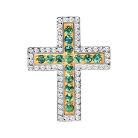 Золотая подвеска Крест с изумрудами и бриллиантами с родированием