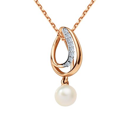 Золотая подвеска с жемчугом и фианитами с родированием