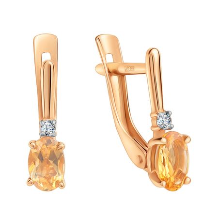 Золотые серьги с цитринами и фианитами с родированием