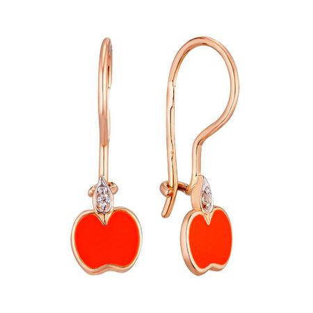 Серьги детские Яблоко из золота с эмалью и фианитами