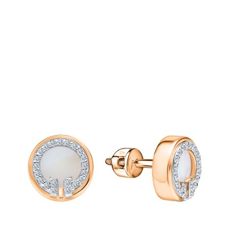 Золотые серьги с перламутром и фианитами с родированием