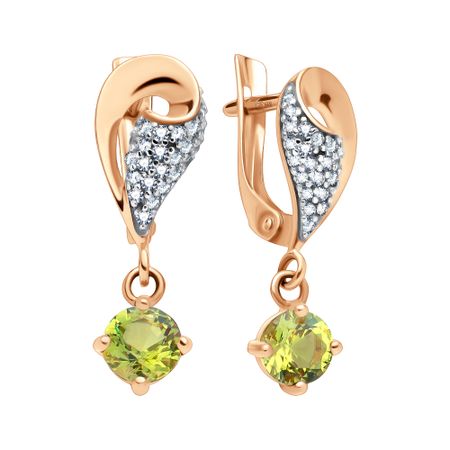 Золотые серьги с хризолитами и фианитами с родированием