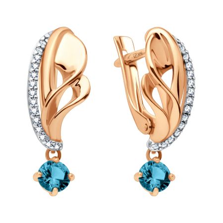 Золотые серьги с London топазом и фианитами с родированием