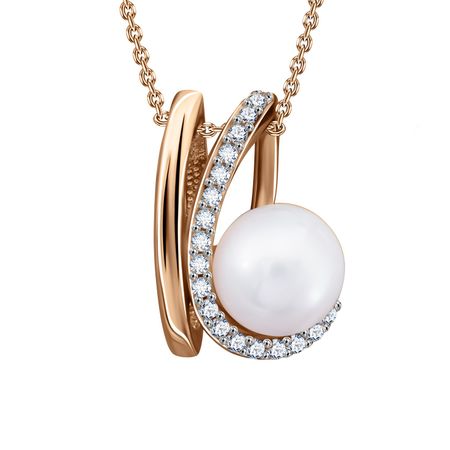 Золотая подвеска с жемчугом и фианитами с родированием