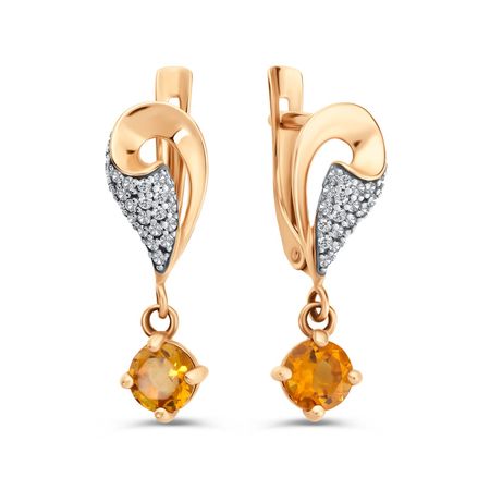 Золотые серьги с цитринами и фианитами с родированием
