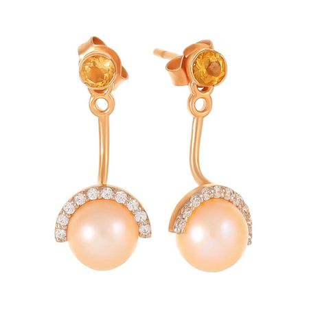 Золотые детские серьги с жемчугом и цитринами с фианитами