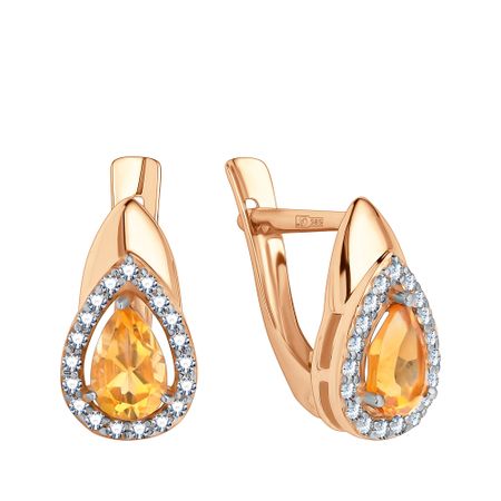 Золотые серьги с цитринами и фианитами с родированием