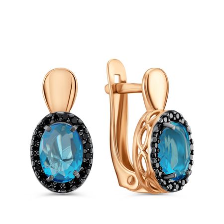 Золотые серьги с London топазами и фианитами с черным родированием