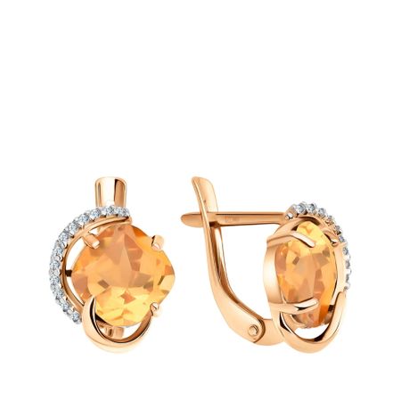Золотые серьги с цитринами и фианитами с родированием