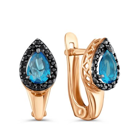 Золотые серьги с London топазами и фианитами с черным родированием
