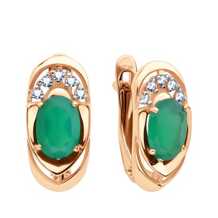 Золотые серьги с агатами и фианитами с родированием