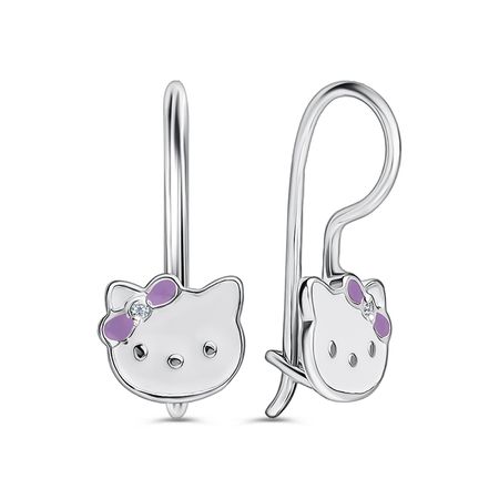 Серебряные детские серьги Кошка с эмалью и фианитами с родированием
