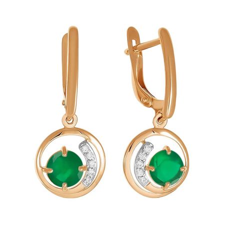 Золотые серьги с агатами и фианитами с родированием