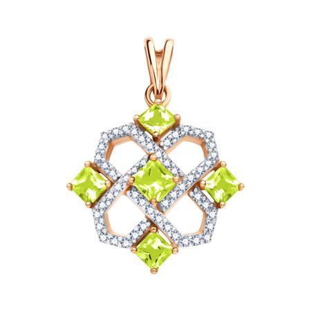 Золотая подвеска с хризолитами и фианитами с родированием