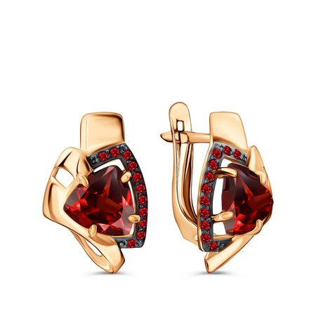 Золотые серьги с гранатом и фианитами с черным родированием