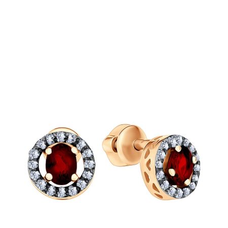 Золотые серьги с гранатом и бриллиантами с чернением и родированием