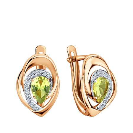 Золотые серьги с хризолитом и фианитами с родированием