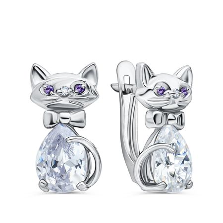 Серебряные детские серьги Кошка с алпанитами и фианитами с родированием
