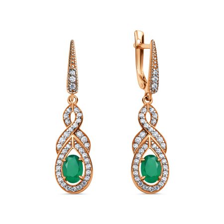 Золотые серьги с агатами и фианитами с родированием