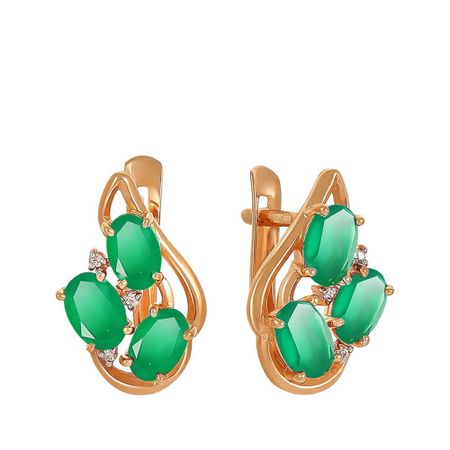 Золотые серьги с агатами и фианитами с родированием