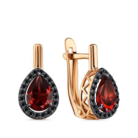 Золотые серьги с гранатом и фианитами с черным родированием