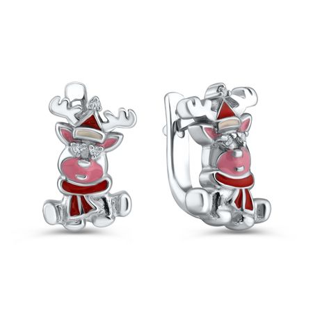 Серебряные серьги Олень с эмалью и фианитами с родированием