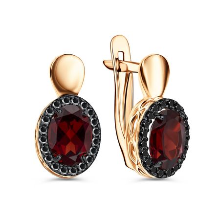 Золотые серьги с гранатом и фианитами с черным родированием