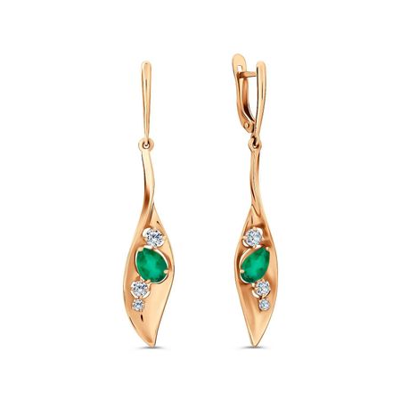 Золотые серьги с зелёным агатом и фианитами с родированием