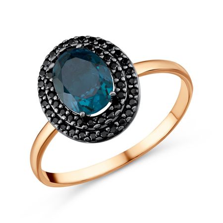Золотое кольцо с London топазом и фианитами с черным родированием