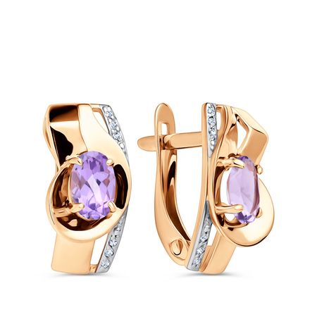 Золотые серьги с аметистами и фианитами с родированием