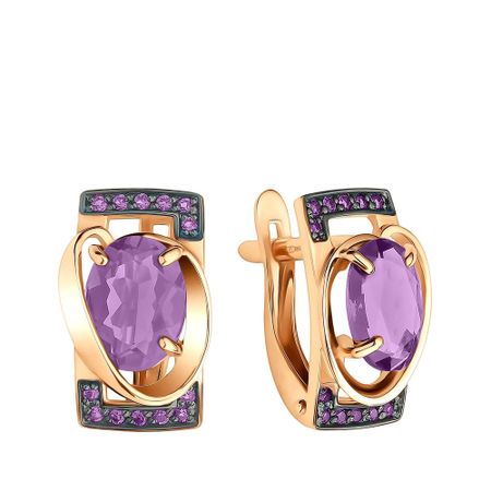 Золотые серьги с аметистами и фианитами с черным родированием