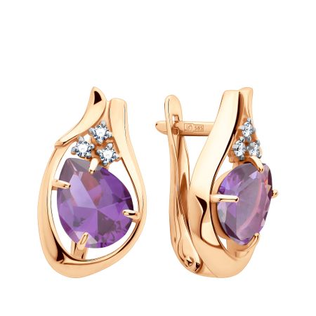 Золотые серьги с аметистами и фианитами с родированием