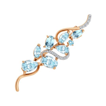 Золотая брошь с топазами Sky и фианитами с родированием