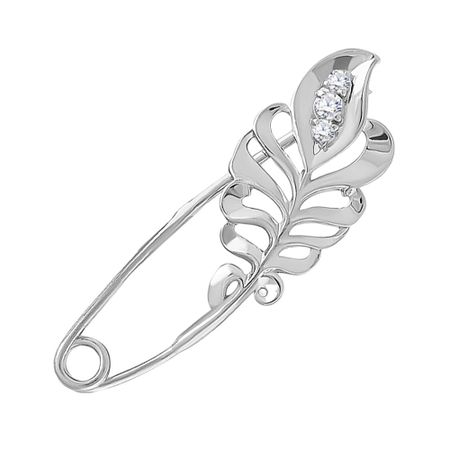 Брошь-булавка Лист из серебра с фианитами